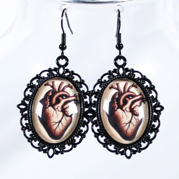 The Crimson Pulse Gothic Victorian Anatomical Heart Earrings Black Metal Cameo - Picture 2 of 5